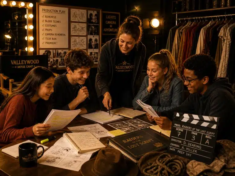 Valleywood actors preparing scripts and storyboards with a coach