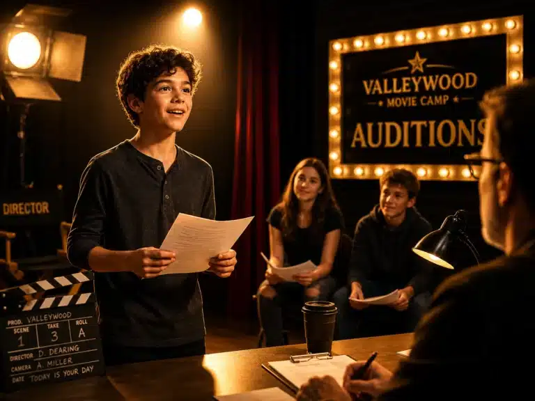 Young actor auditioning under warm studio lights
