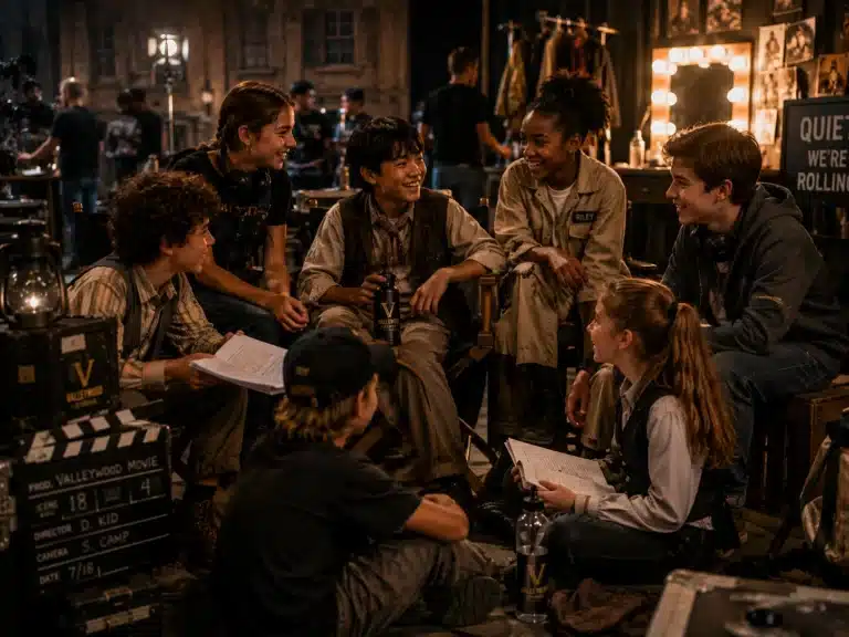 Valleywood cast members collaborating and laughing on set