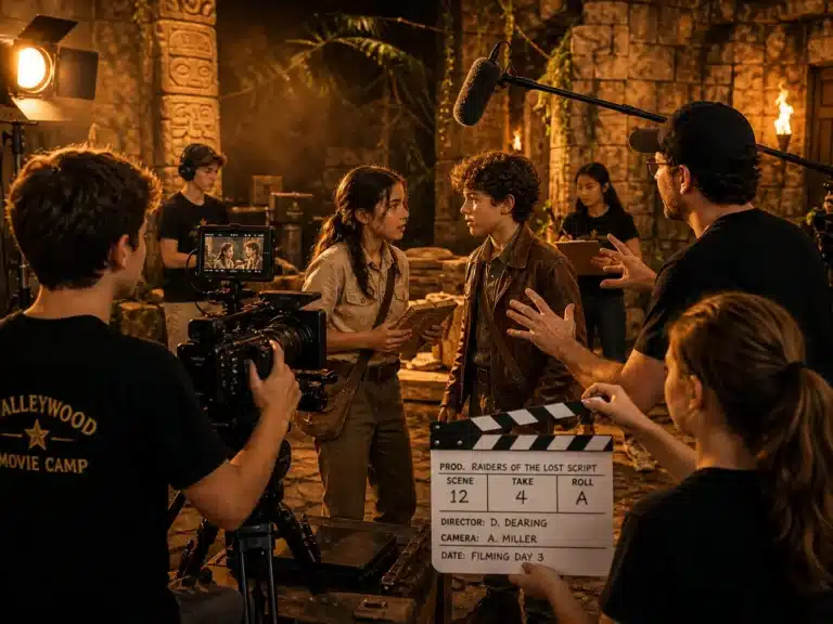Valleywood actors filming an adventure scene on set