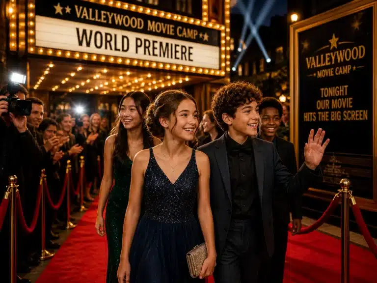 Young actors walking a red carpet movie premiere