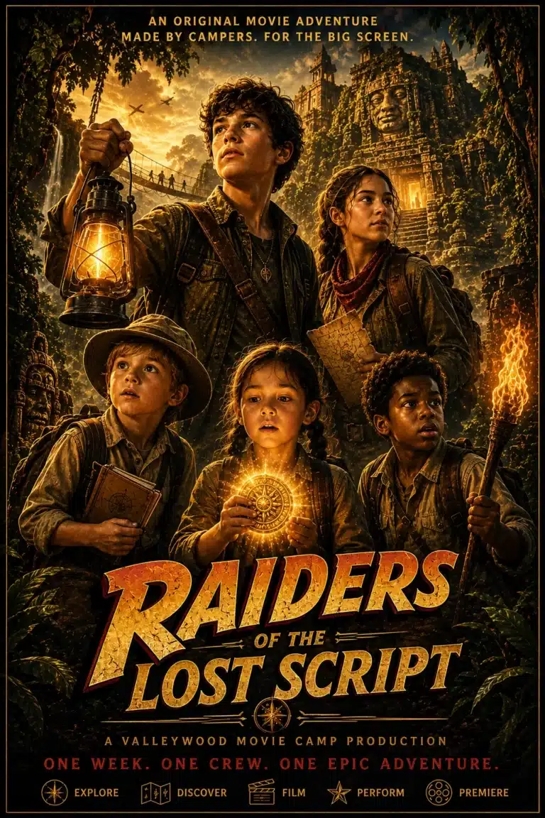 Raiders of the Lost Script treasure adventure movie poster for Valleywood Movie Camp
