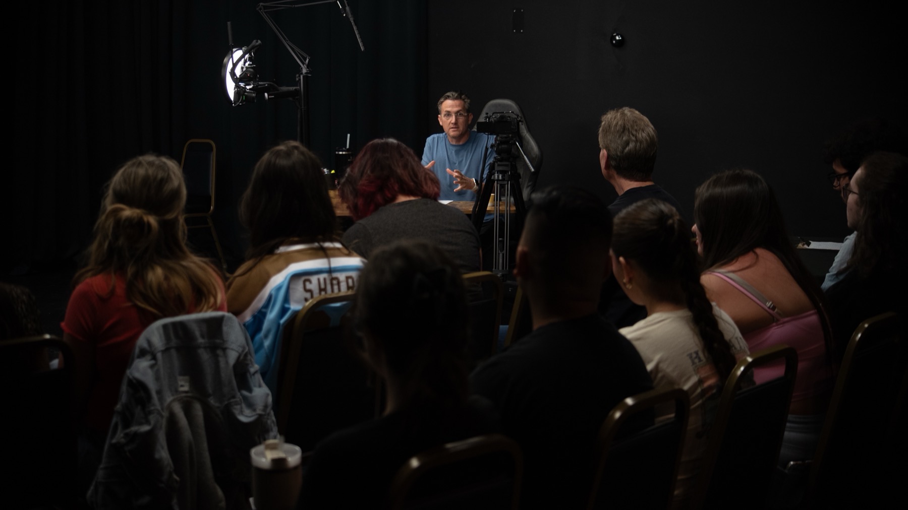 The Dearing Acting Studio theater in Phoenix, lit for a class with the camera set up and the full room in use
