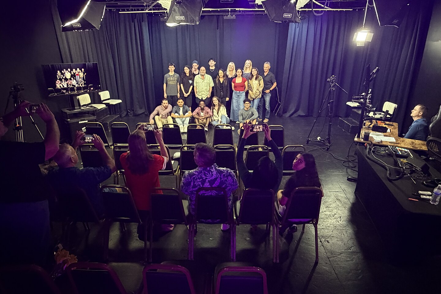 The Chaos Comedy improv stage at Dearing Acting Studio, lit for a Friday show