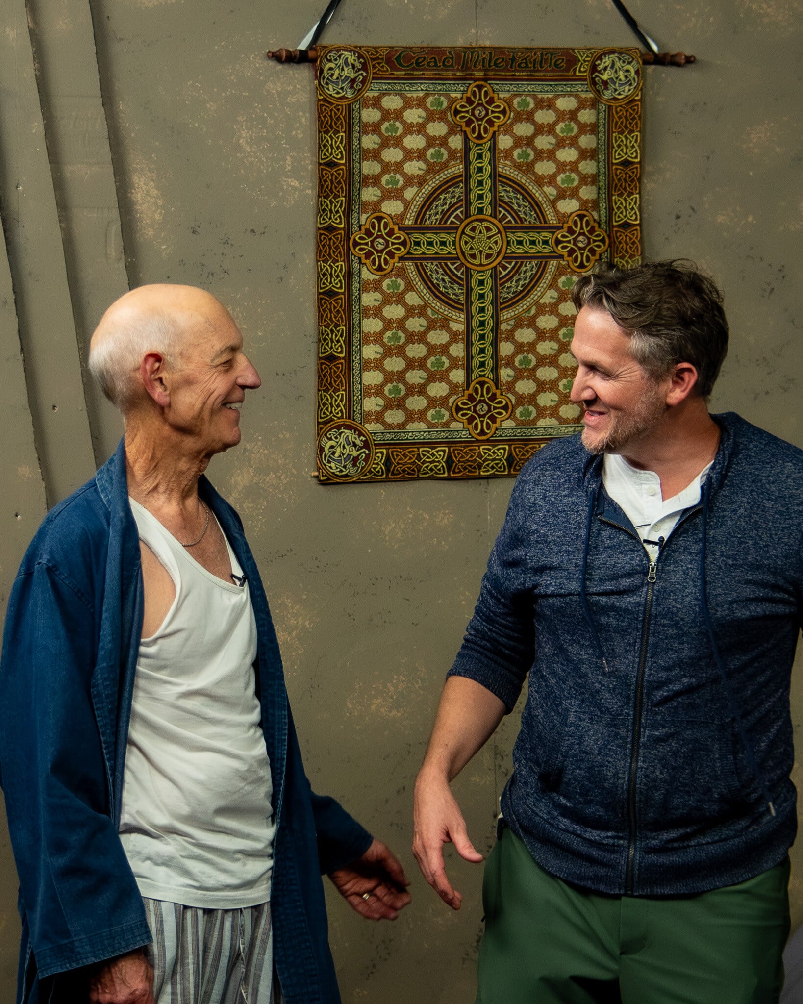 Two actors laughing between takes at a Dearing Acting Studio Masterclass