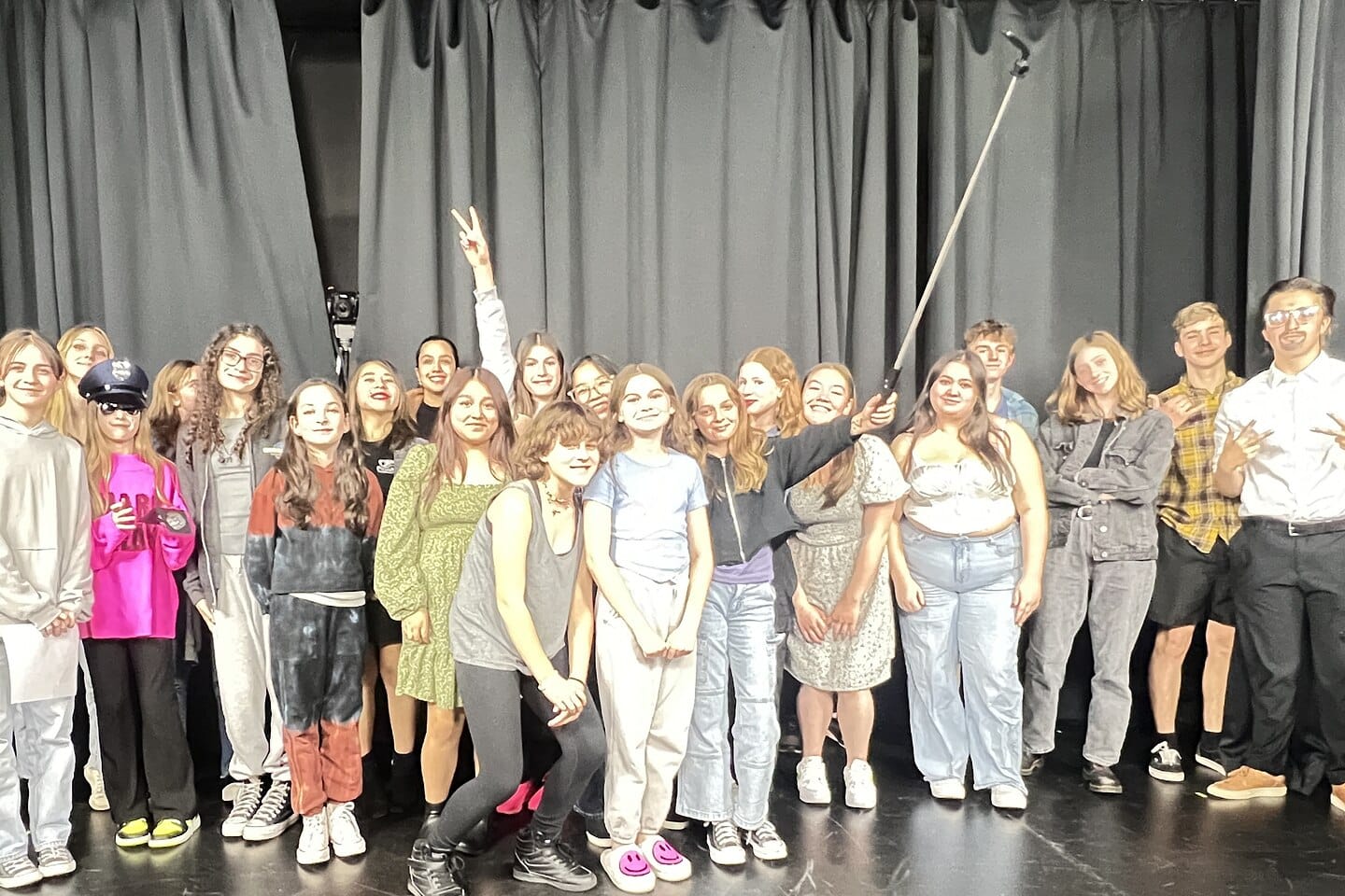 The whole teen improv class on stage at Dearing Acting Studio